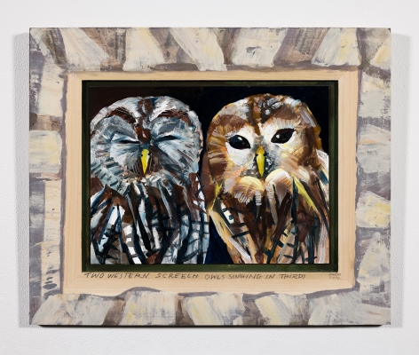 Lucinda Parker (b. 1942)  Two Western Screech Owls Singing in Thirds, 2020  gouache on masonite